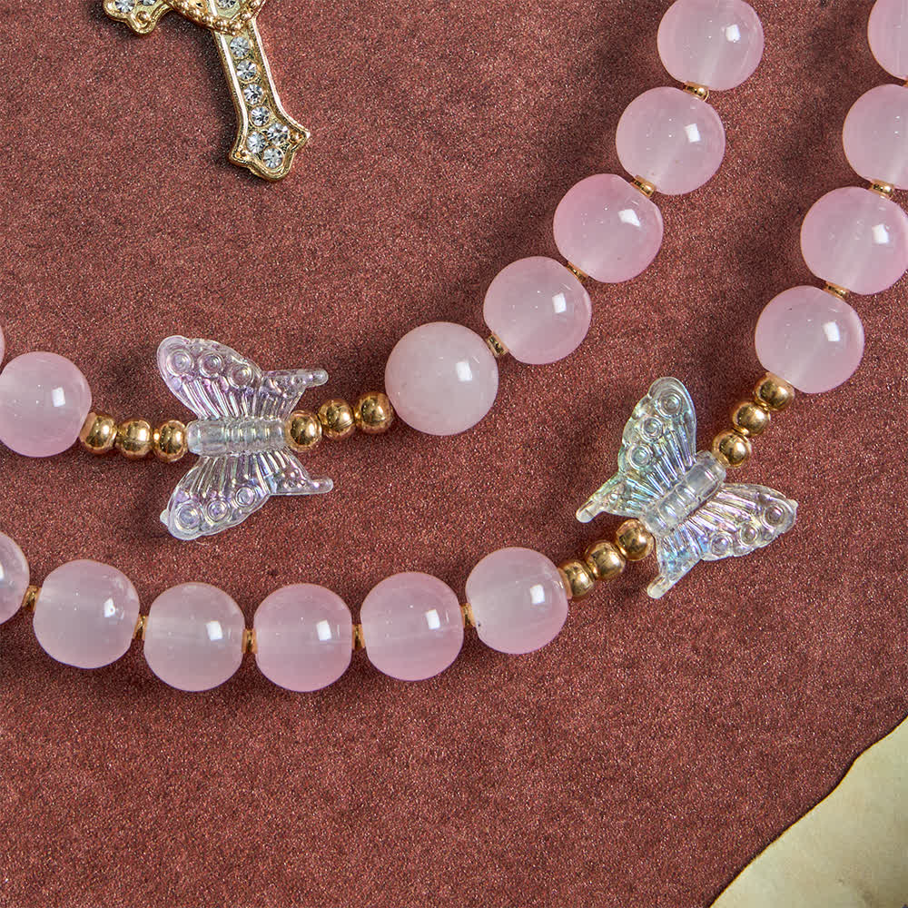 Soft Pink Glass Butterfly Rosary with Sparkling Our Lady & Cross