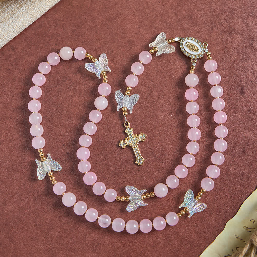 Soft Pink Glass Butterfly Rosary with Sparkling Our Lady & Cross