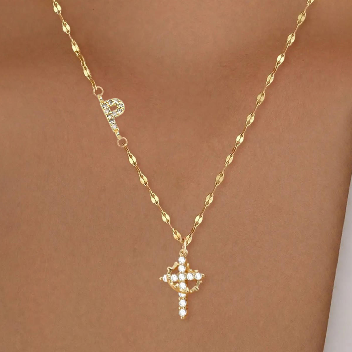 Golden & Silver-Tone Personalized A-Z Initial Crown Cross Necklace: Custom Sacred Faith Monogram Pendant Jewelry