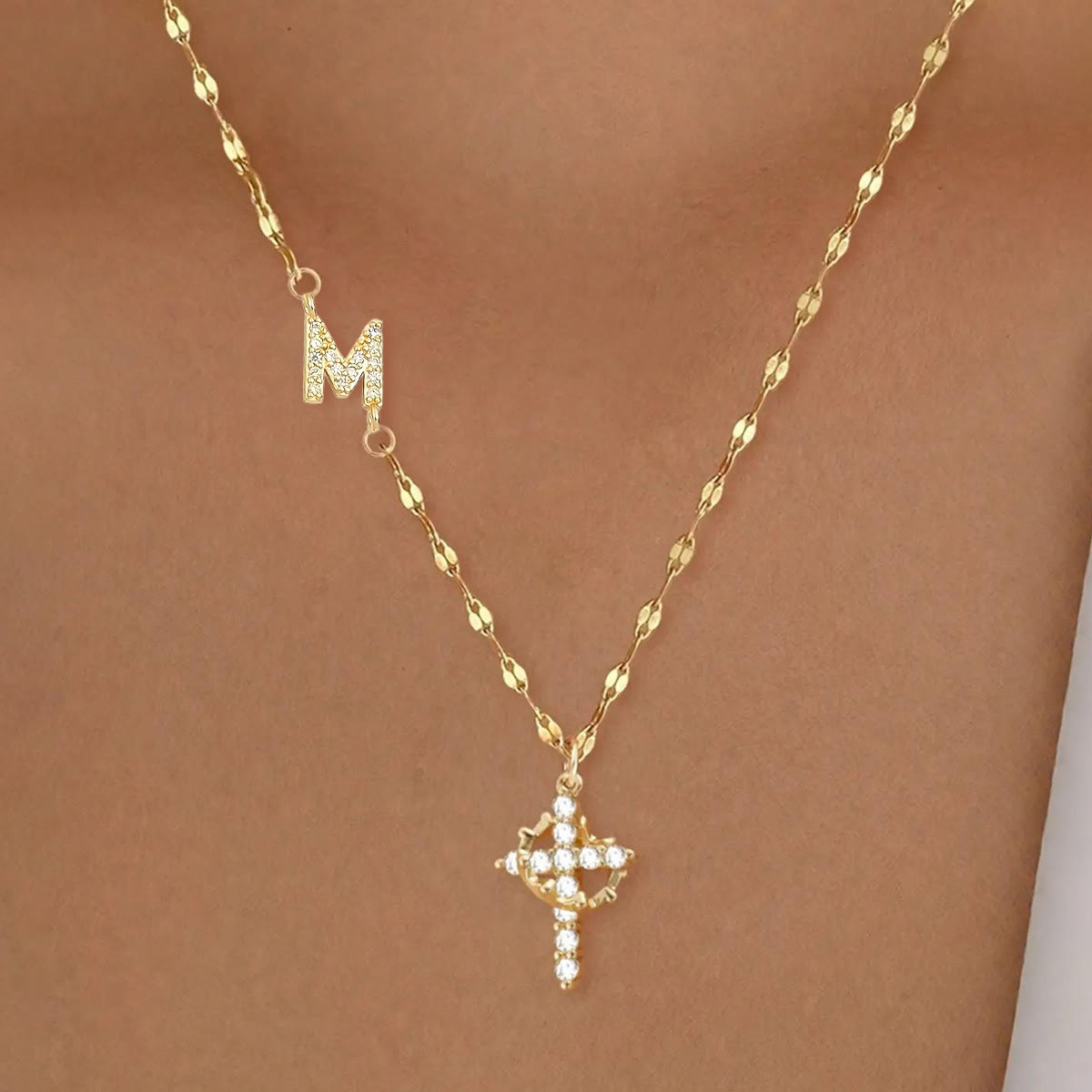 Golden & Silver-Tone Personalized A-Z Initial Crown Cross Necklace: Custom Sacred Faith Monogram Pendant Jewelry