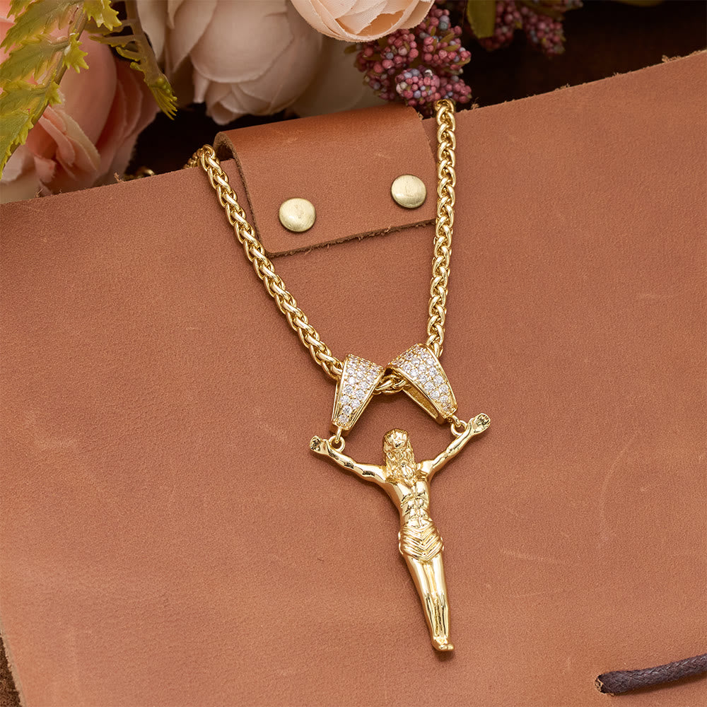 Zircon Embellished Moving Crucifix Necklace: Bold Statement Sacred Faith Wearable Art
