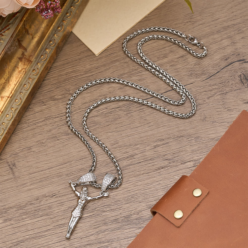 Zircon Embellished Moving Crucifix Necklace: Bold Statement Sacred Faith Wearable Art