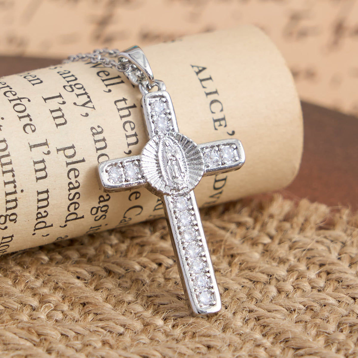 Sparkling Zircon Inlaid Our Lady Cross Necklace: Elegant Daily Devotional Faith Neck Wear