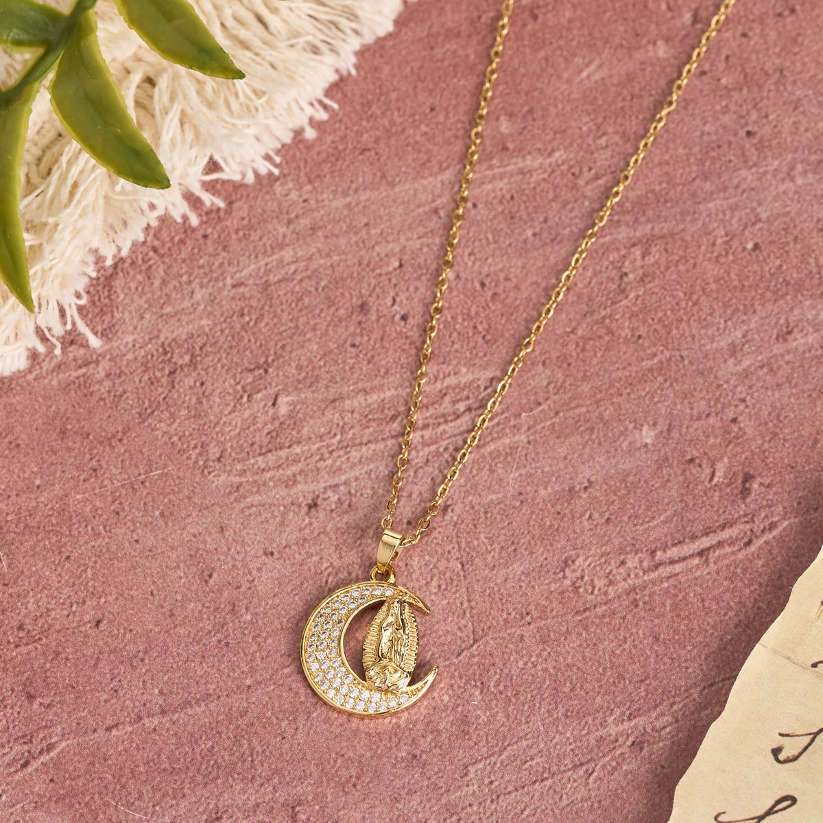 Crescent Moon Our Lady Zircon Necklace: Marian Grace Sacred Faith Pendant Jewelry