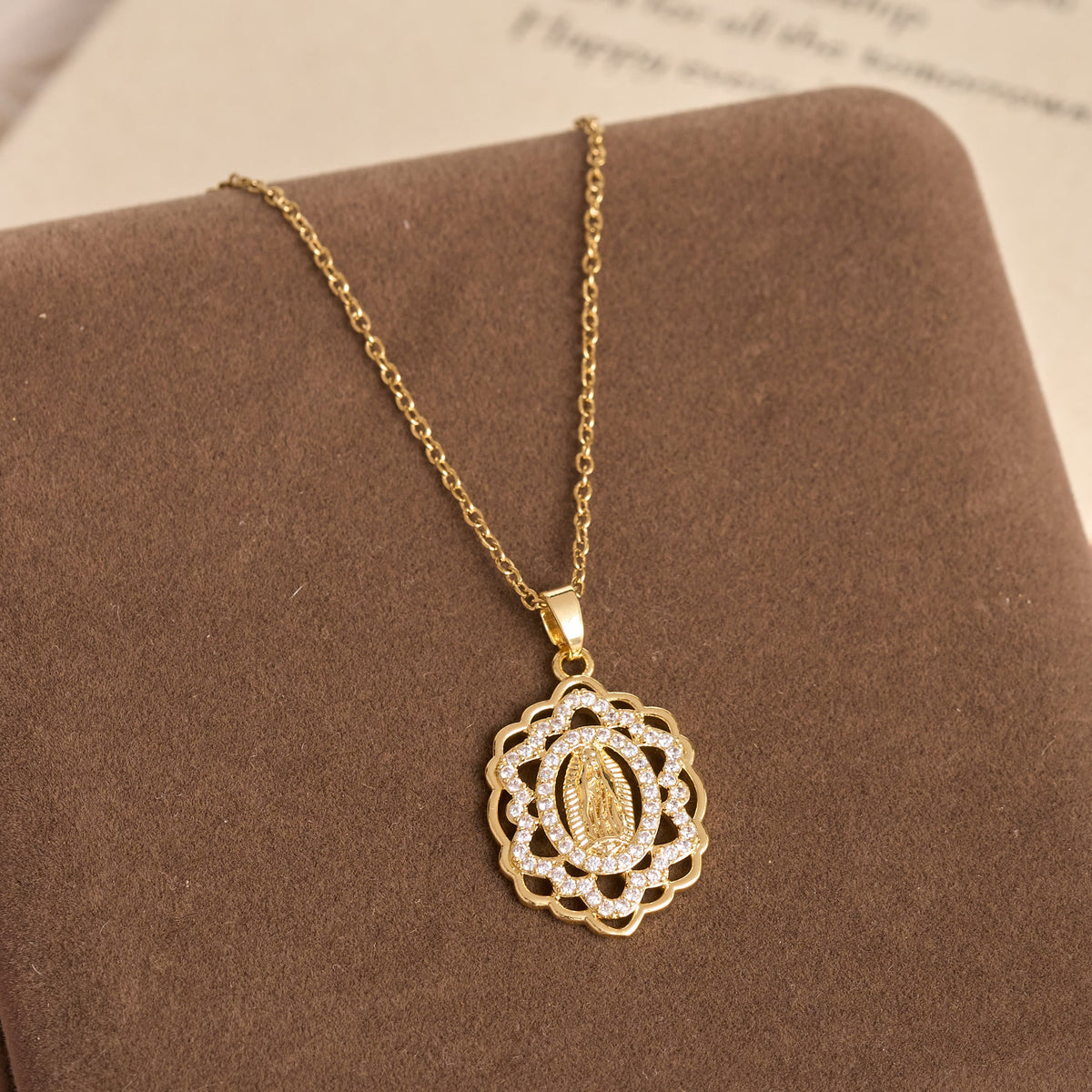 Ornate Lace-Edged Our Lady Zircon Necklace: Timeless Symbol Of Heavenly Maternal Protection