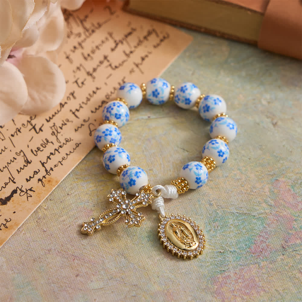 Blue Floral Porcelain Pocket Rosary with Elegant Our Lady & Cross