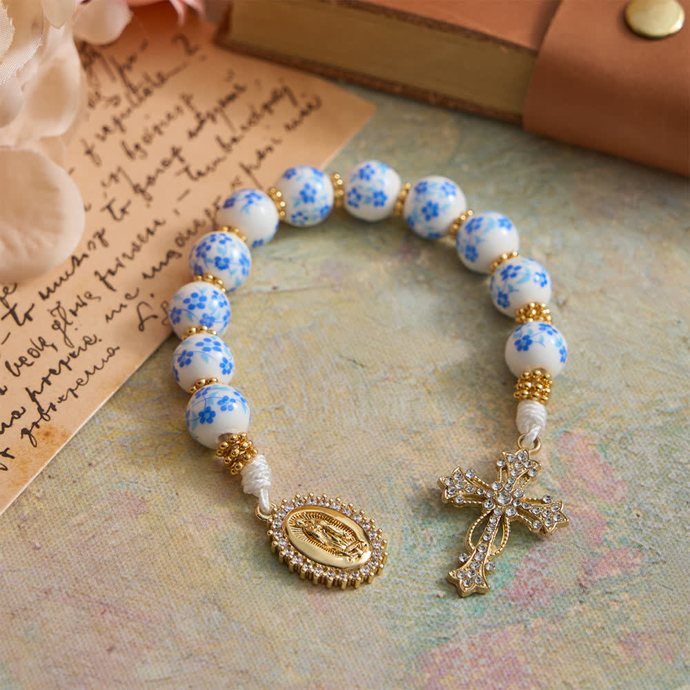 Blue Floral Porcelain Pocket Rosary with Elegant Our Lady & Cross