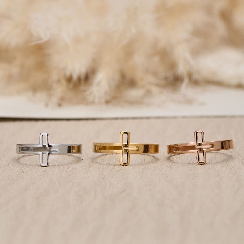 Minimalist Side Cut-Out Cross Open Ring: An Emblem of Understated Sacred Devotion