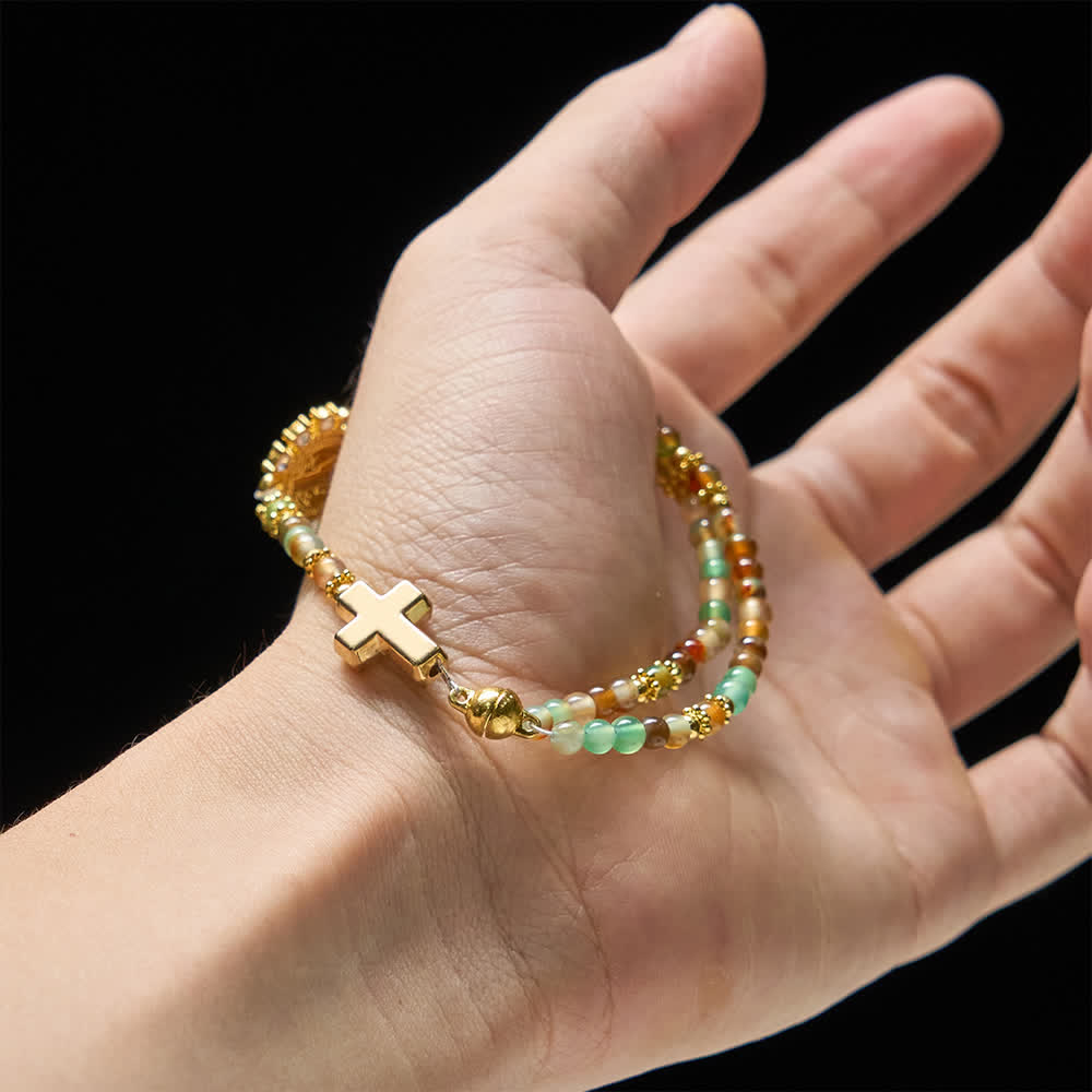 Dragon Vein Agate Magnetic Rosary Bracelet with Golden St. Benedict