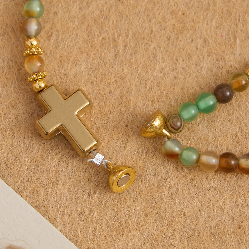 Dragon Vein Agate Magnetic Rosary Bracelet with Golden St. Benedict