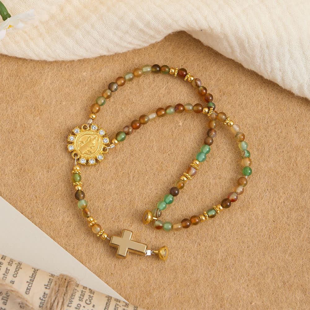 Dragon Vein Agate Magnetic Rosary Bracelet with Golden St. Benedict