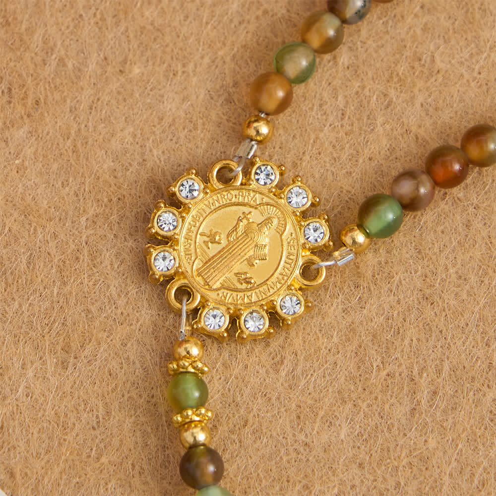 Dragon Vein Agate Magnetic Rosary Bracelet with Golden St. Benedict