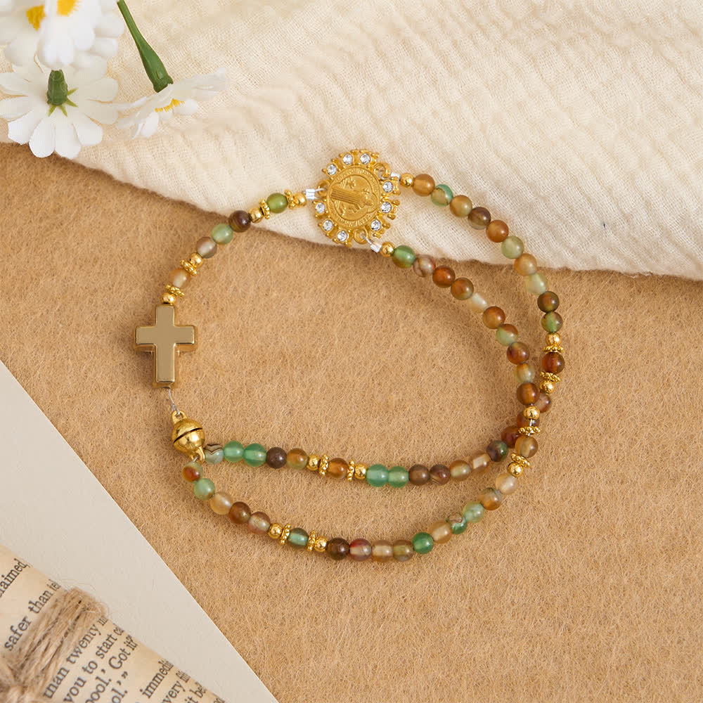 Dragon Vein Agate Magnetic Rosary Bracelet with Golden St. Benedict