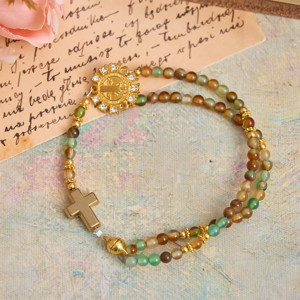 Dragon Vein Agate Magnetic Rosary Bracelet with Golden St. Benedict