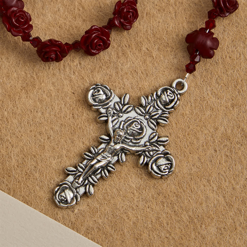 Cinnabar Wine Red Rose Beads Rosary with Holy Family Centerpiece
