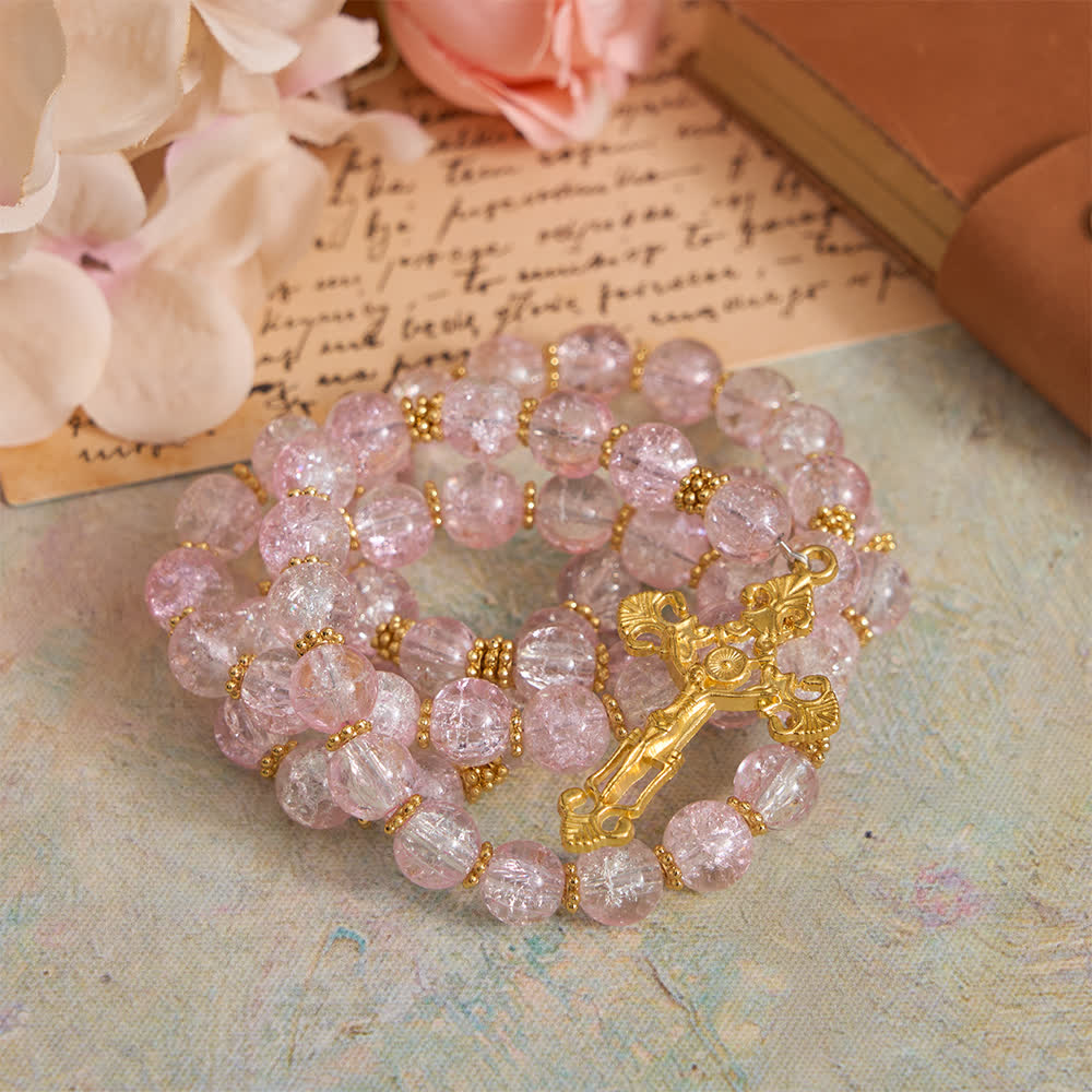 Pink & White Crackle Glass Rosary with Ornate Crucifix