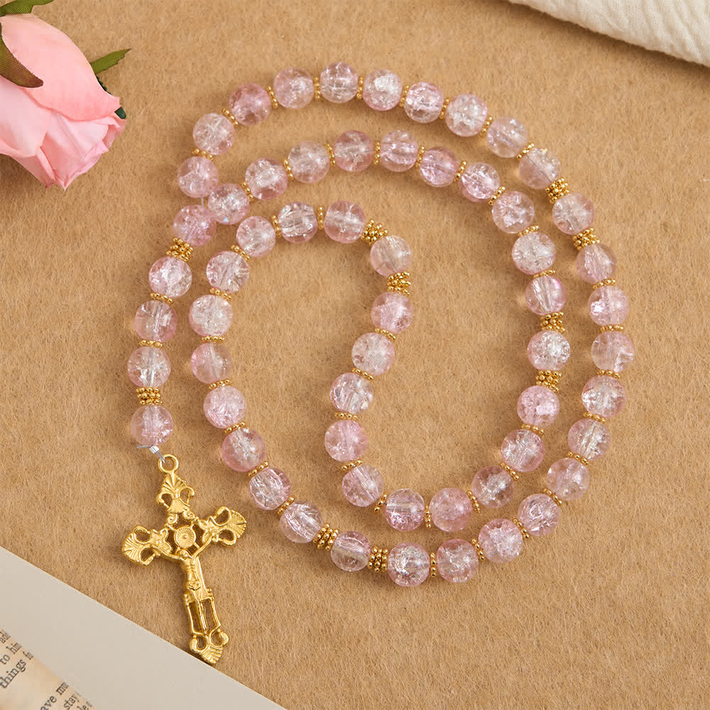 Pink & White Crackle Glass Rosary with Ornate Crucifix