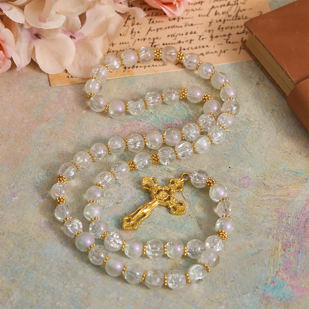 Pink & White Crackle Glass Rosary with Ornate Crucifix