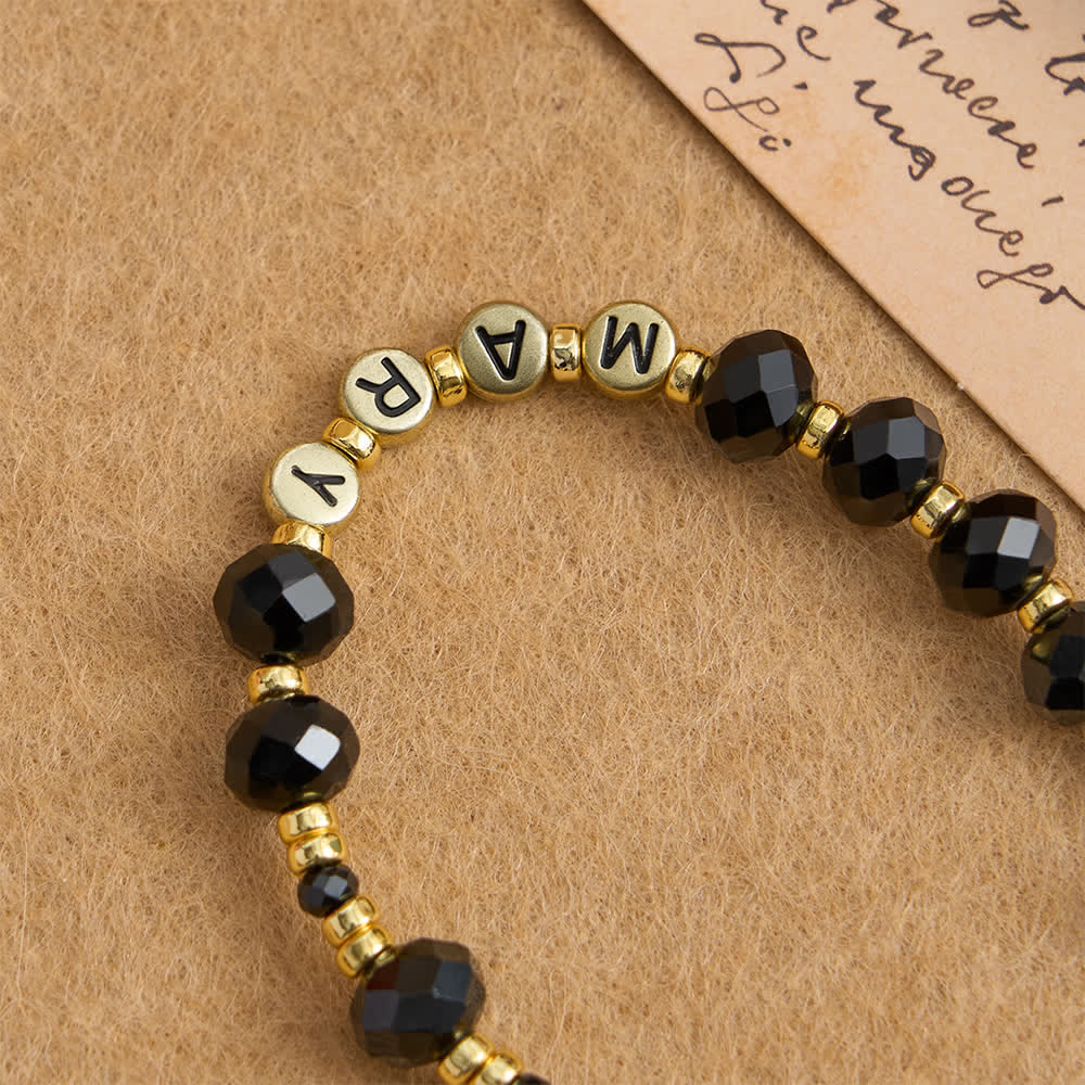Black Faceted Glass Virgin Mary Rosary with Custom Name Letters for Mom