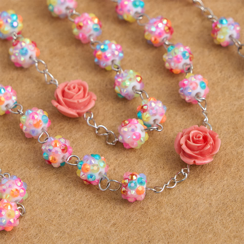 Easter Pink Rose & Sparkling Multicolor Diamond Beads Rosary with Divine Mercy