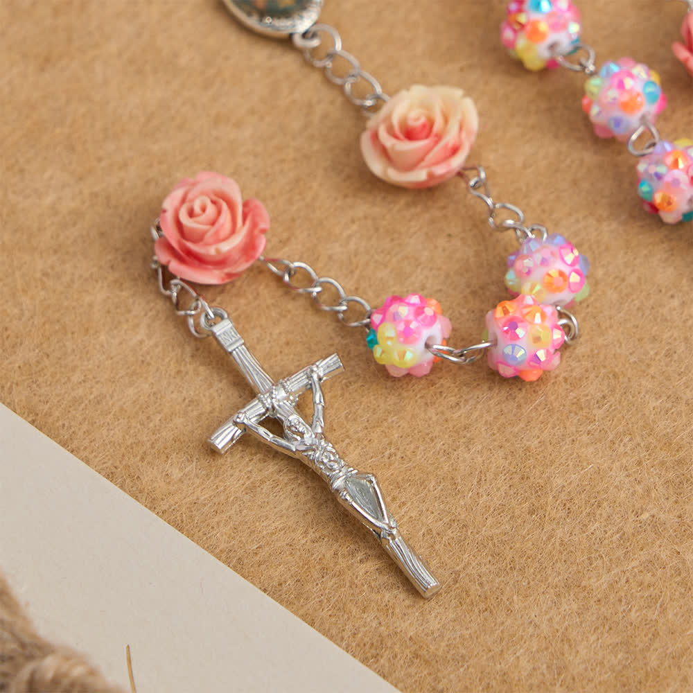 Easter Pink Rose & Sparkling Multicolor Diamond Beads Rosary with Divine Mercy