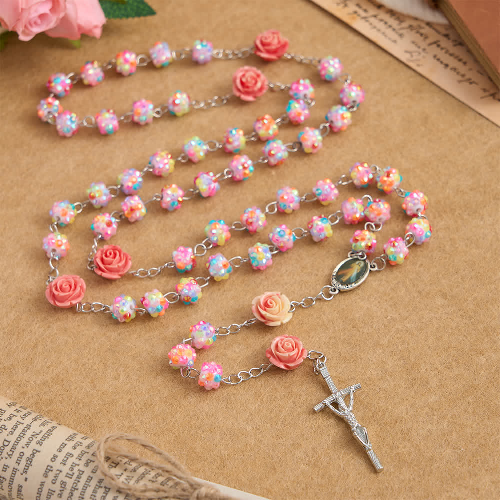 Easter Pink Rose & Sparkling Multicolor Diamond Beads Rosary with Divine Mercy