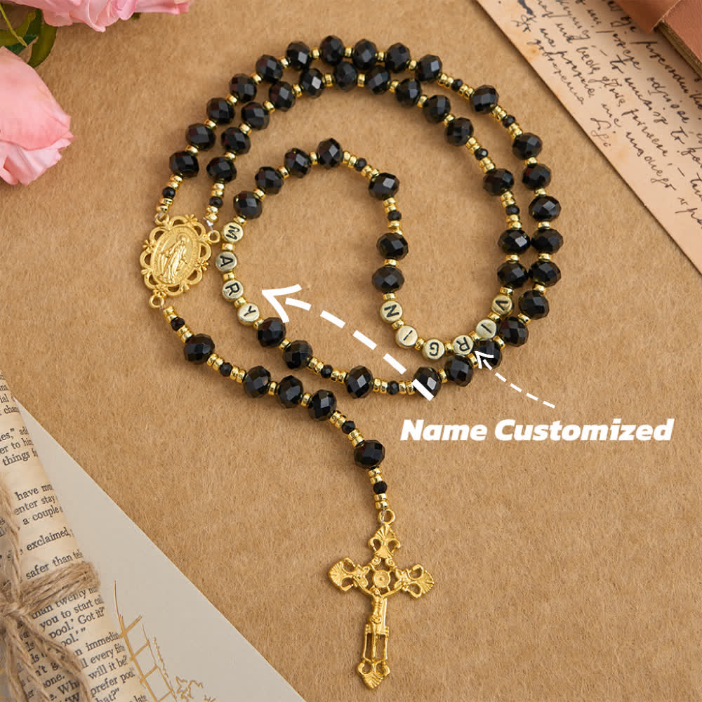 Black Faceted Glass Virgin Mary Rosary with Custom Name Letters for Mom