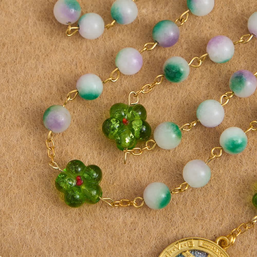 Violet Chalcedony Beads with Green Flower St. Benedict Rosary with Sparkling Crucifix