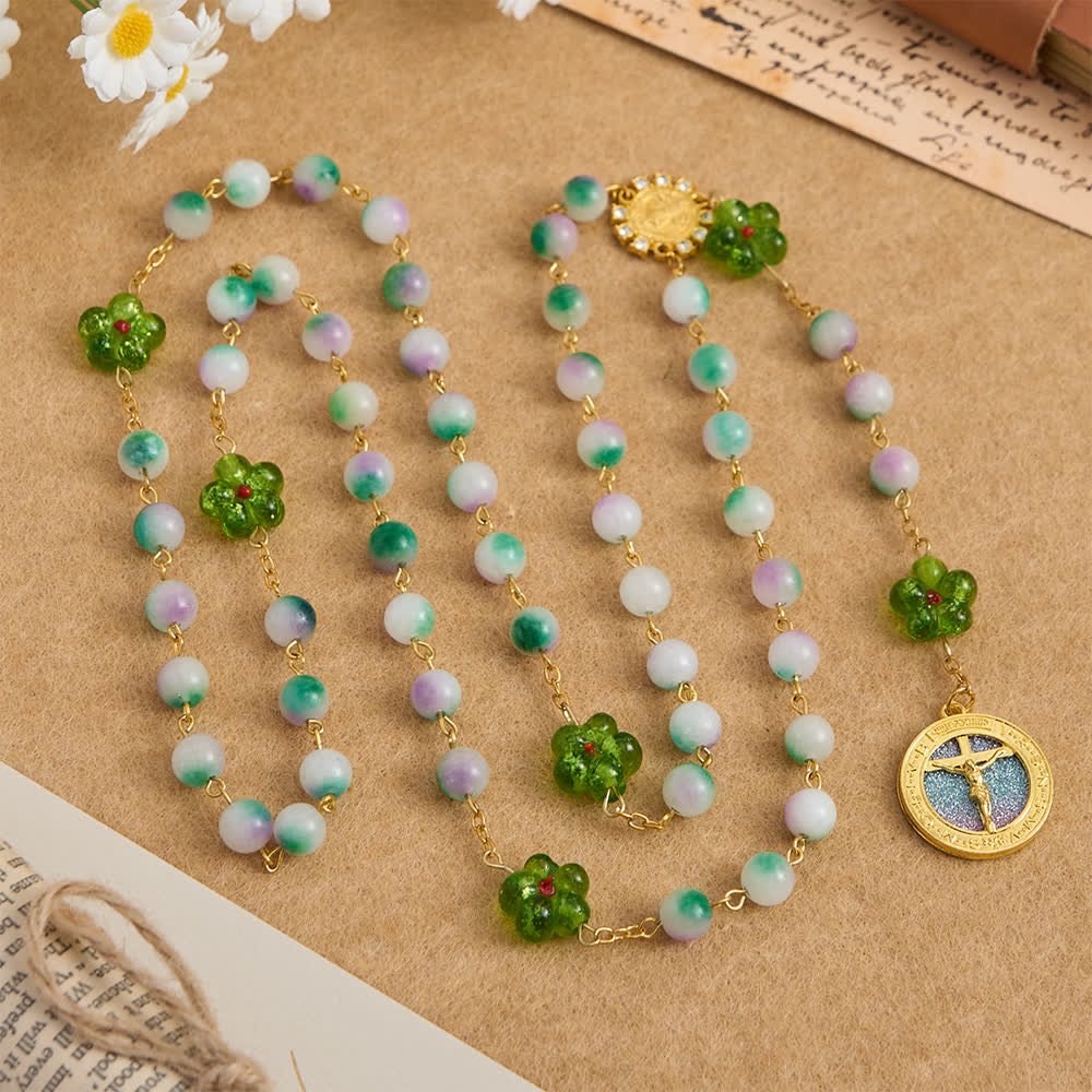 Violet Chalcedony Beads with Green Flower St. Benedict Rosary with Sparkling Crucifix