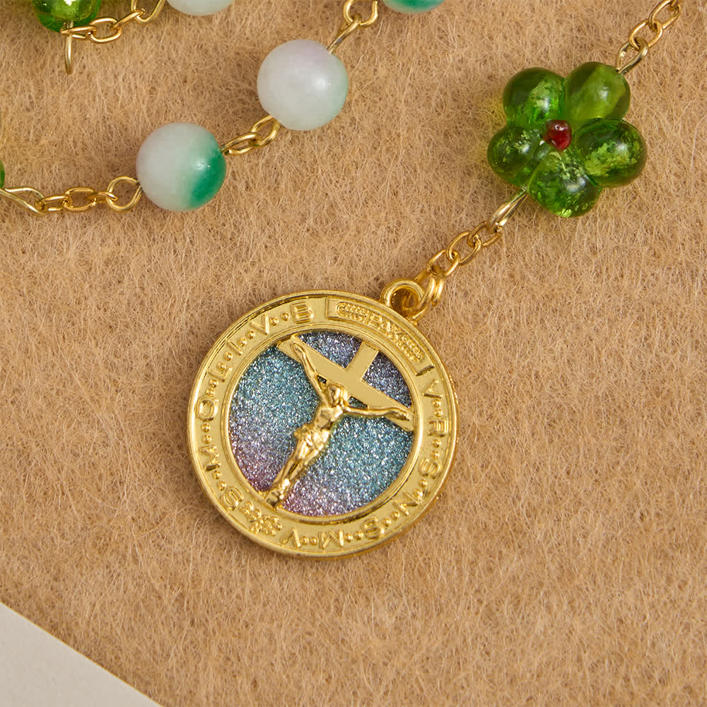 Violet Chalcedony Beads with Green Flower St. Benedict Rosary with Sparkling Crucifix