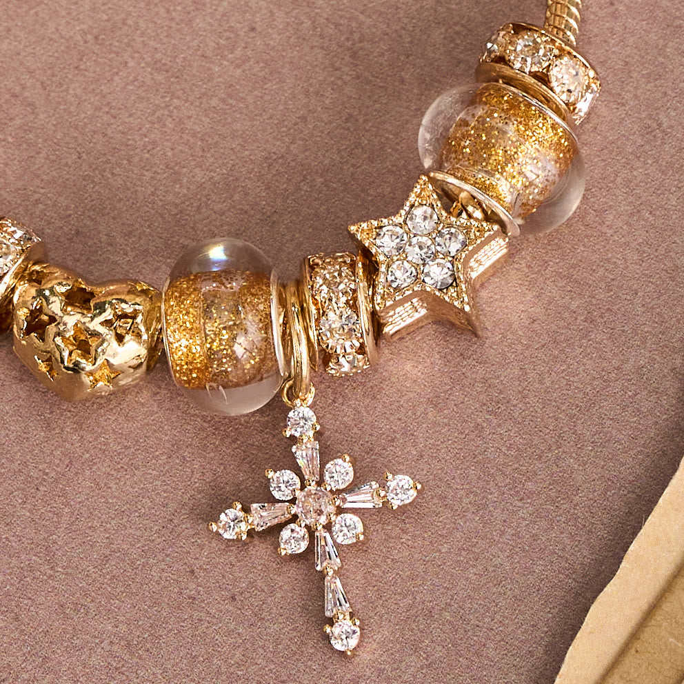Ornate Virgin Mary & Cross Charm Bracelet: A Dazzling Symbol of Marian Grace and Redemption