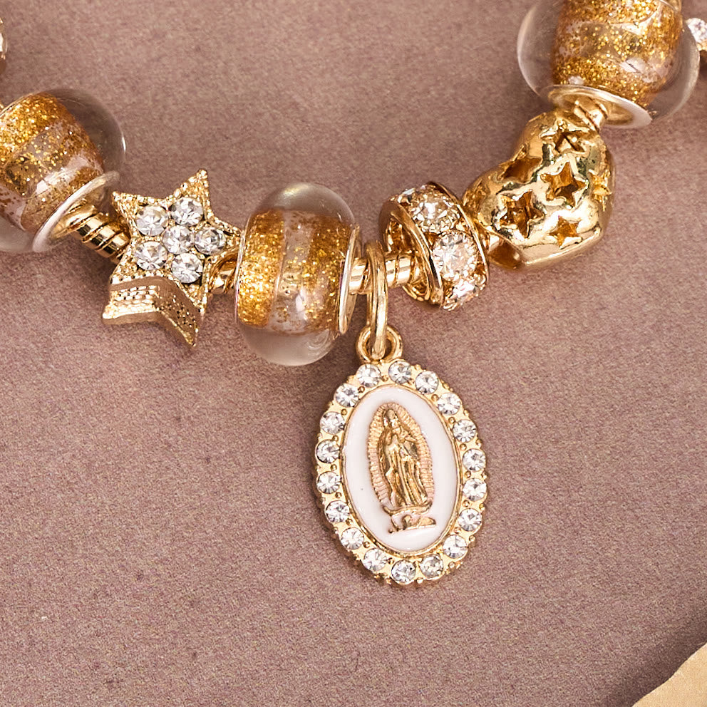 Ornate Virgin Mary & Cross Charm Bracelet: A Dazzling Symbol of Marian Grace and Redemption
