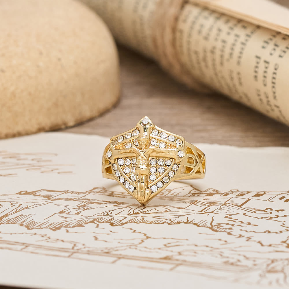 Shield-Shape Crucifix Signet Ring with Zircon Pavé: A Symbol of Faith and Divine Protection