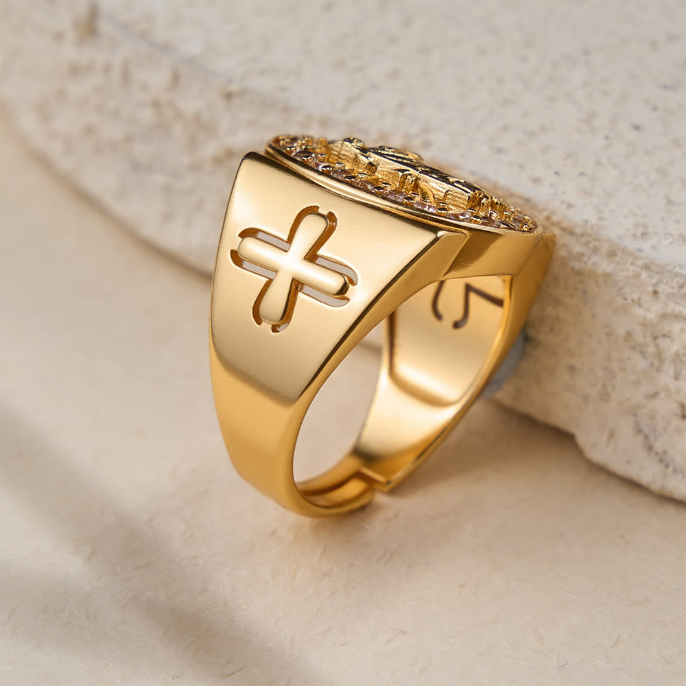 Bold St. Jude Zircon Halo Signet Ring with Side Cross: A Symbol of Hope and Divine Guidance