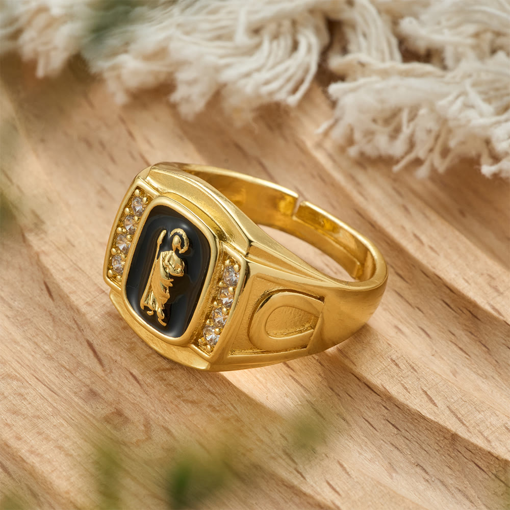 Three-Color St. Jude Signet Ring with Zircon Accents: A Symbol of Hope and Divine Guidance