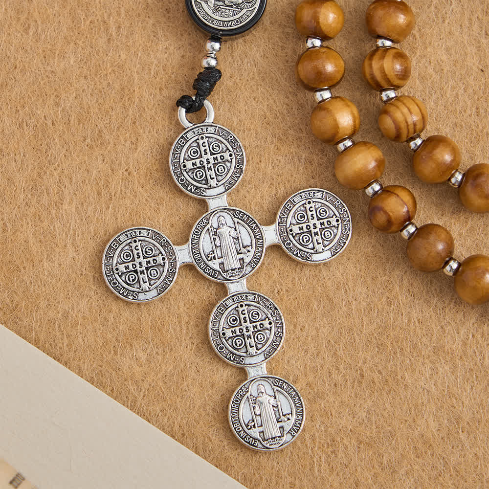Natural Olivewood Rosary with St. Benedict Spacers and Oversized Filigree Cross