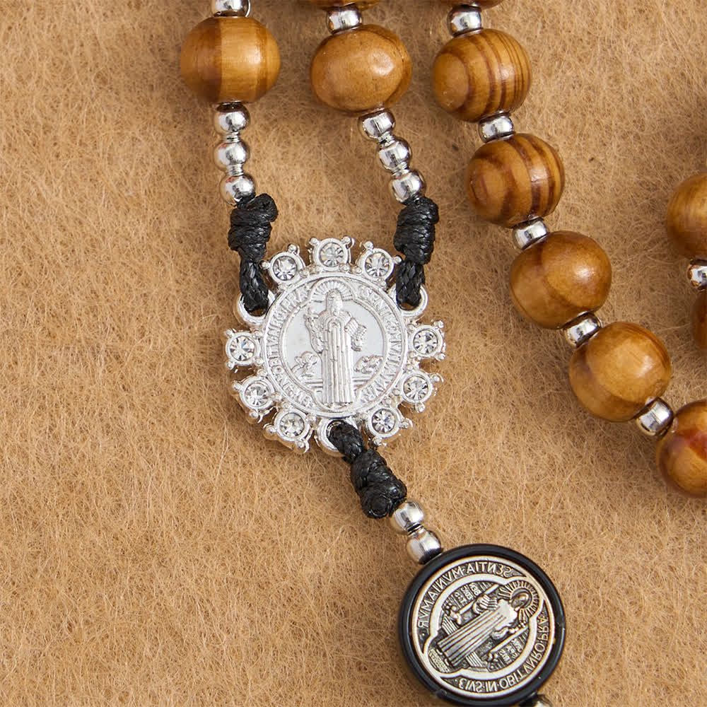 Natural Olivewood Rosary with St. Benedict Spacers and Oversized Filigree Cross