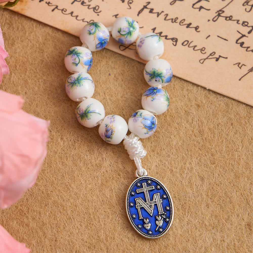 Blue Floral Ceramic Finger Rosary with Our Lady Devotion