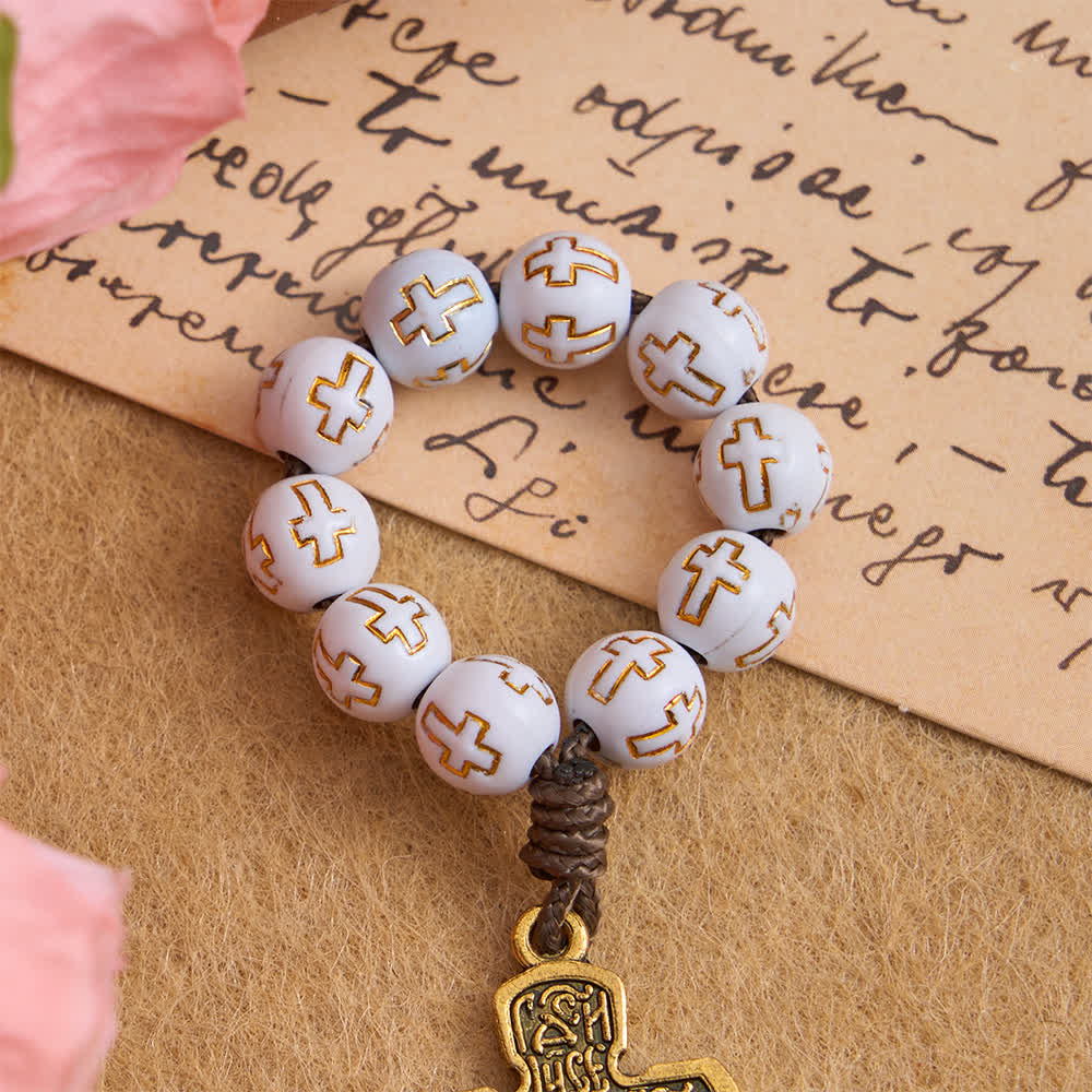 White Beads with Golden Cross Finger Rosary with Orthodox Crucifix