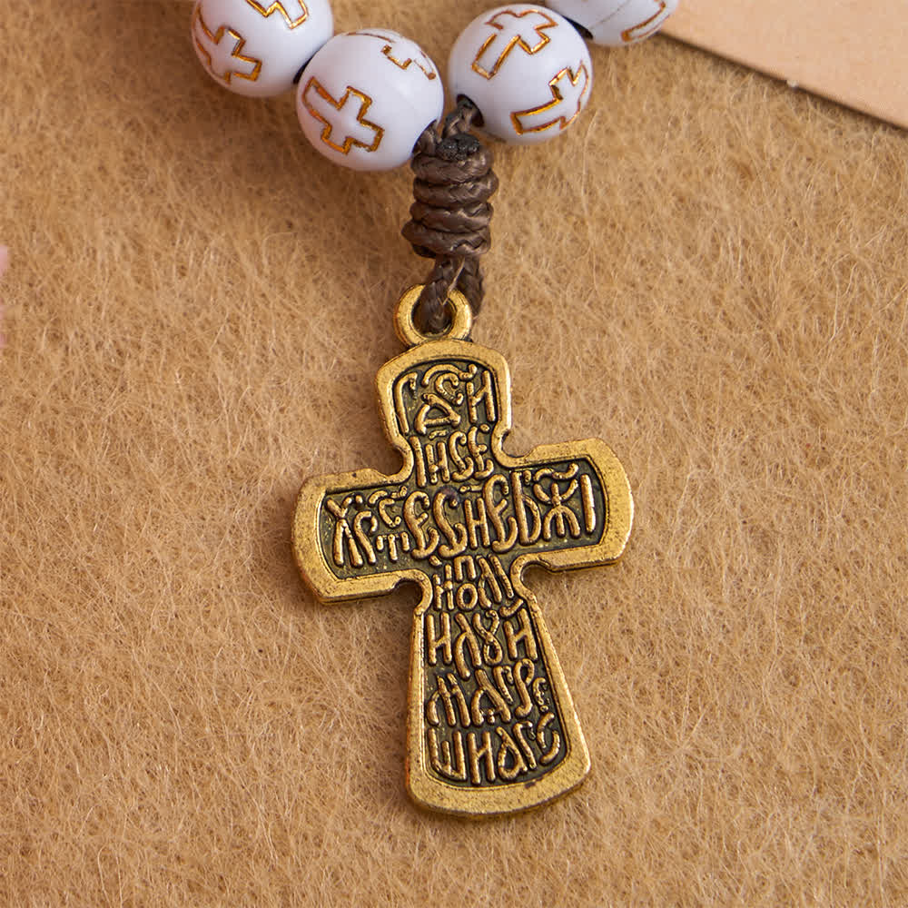 White Beads with Golden Cross Finger Rosary with Orthodox Crucifix