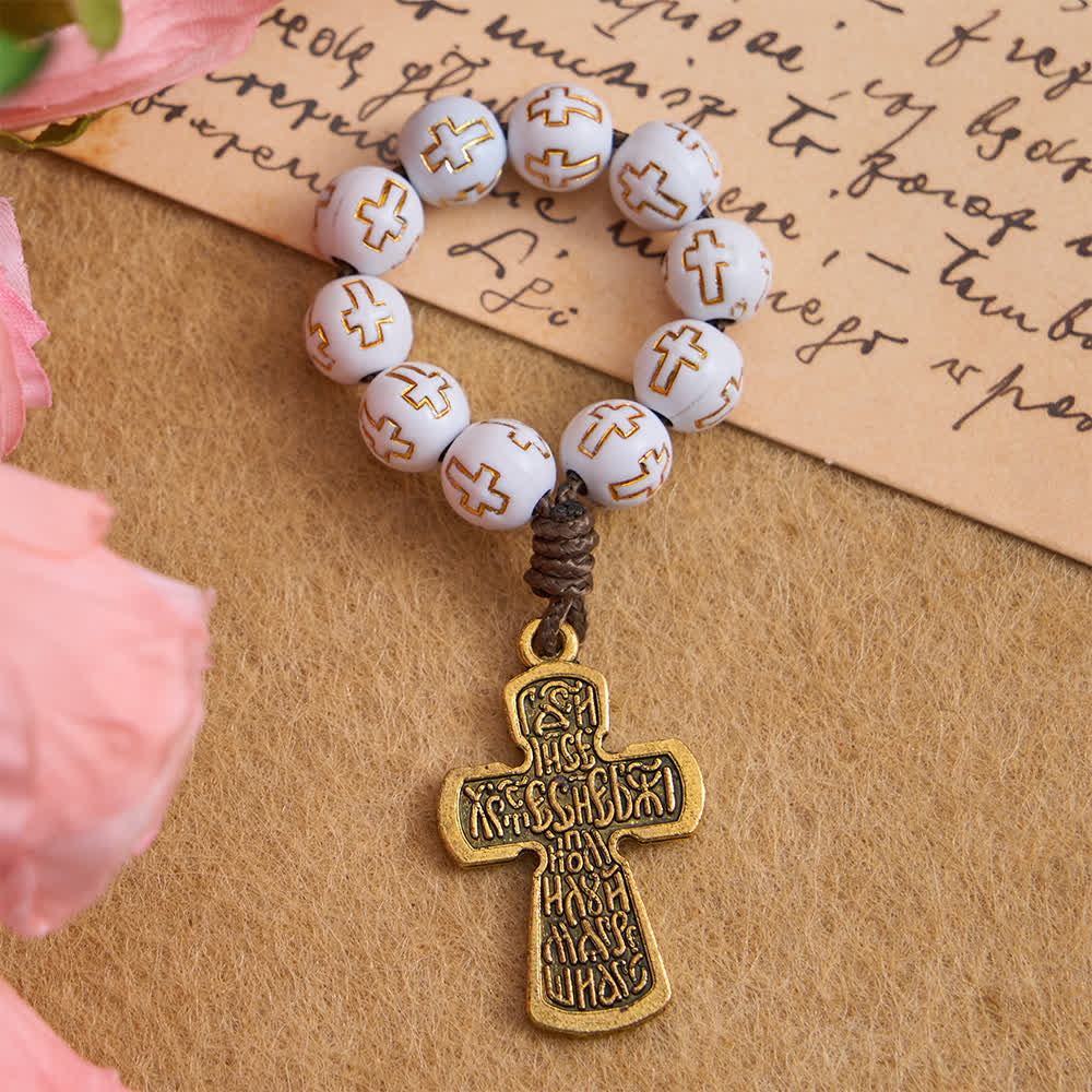 White Beads with Golden Cross Finger Rosary with Orthodox Crucifix