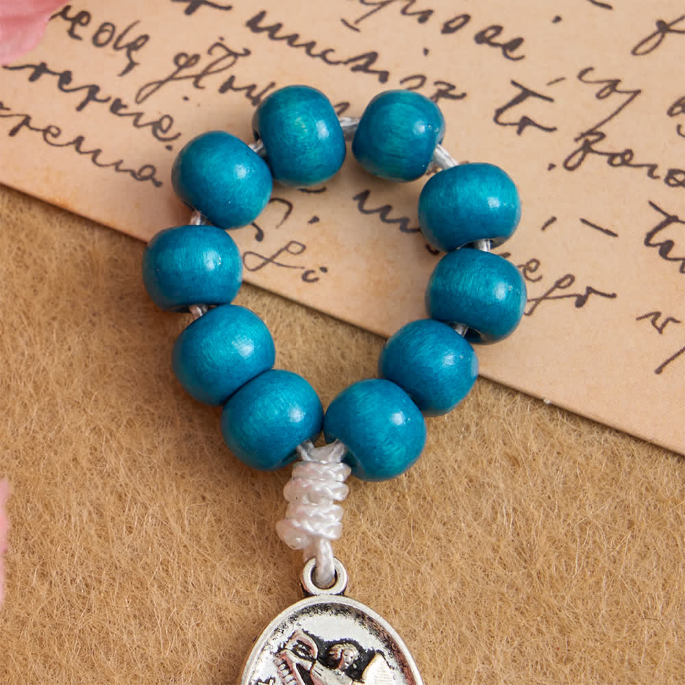 Blue Dyed Maple Wood Finger Rosary with St. Michael Protection