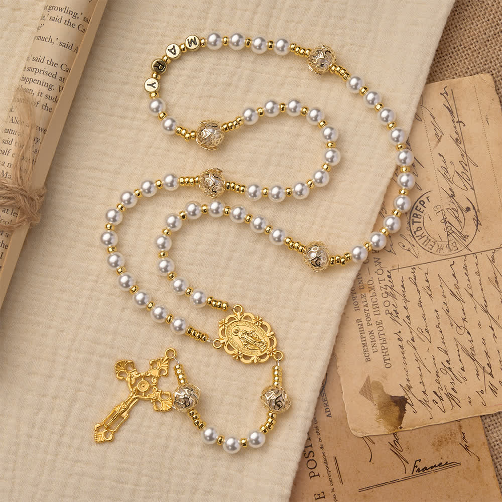 Elegant White Virgin Mary Rosary with Custom Name Letters