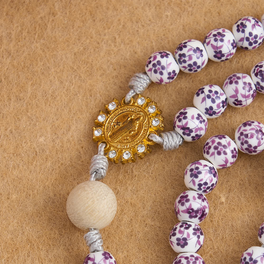 Purple Floral Ceramic & Camphor Wood Rosary with St. Benedict & IHS Chalice