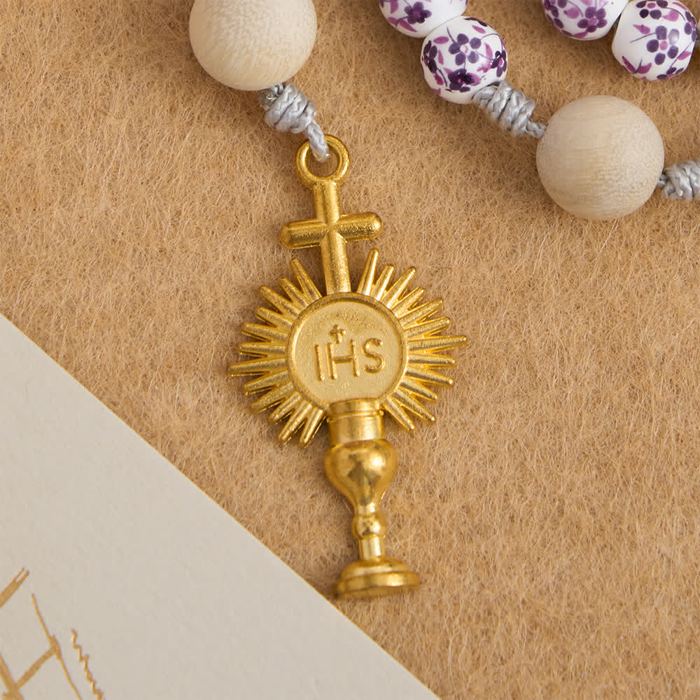 Purple Floral Ceramic & Camphor Wood Rosary with St. Benedict & IHS Chalice