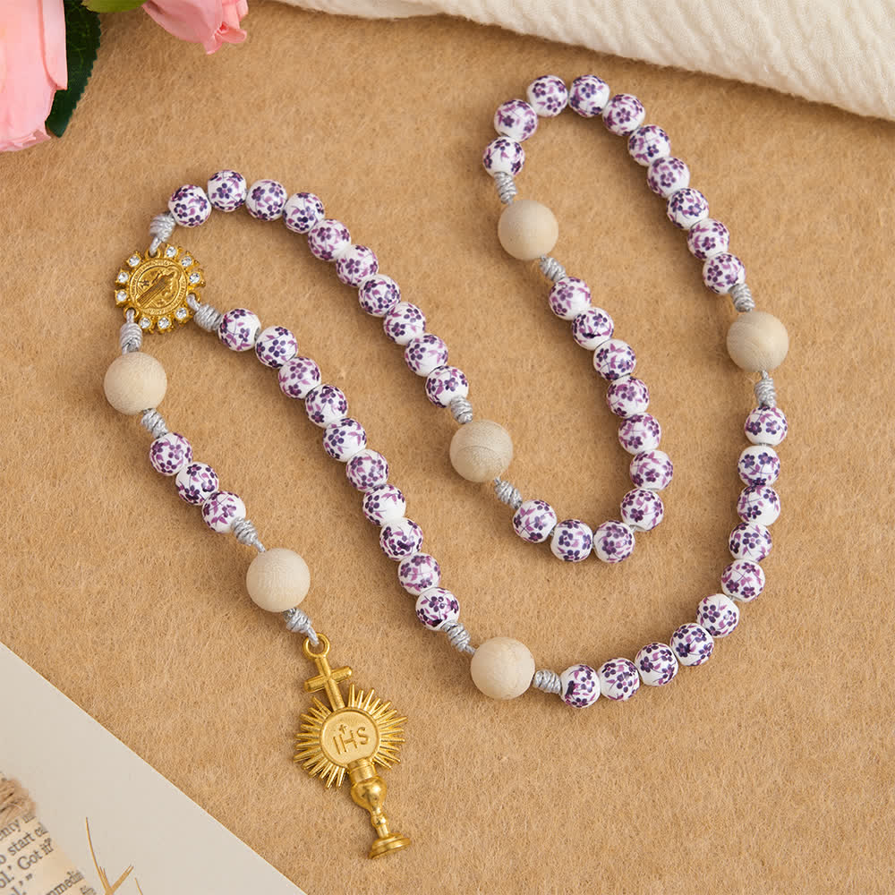 Purple Floral Ceramic & Camphor Wood Rosary with St. Benedict & IHS Chalice