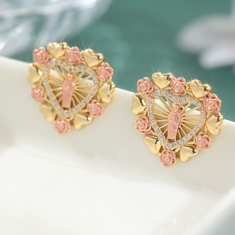 Ornate Marian Stud Earrings with Pink Roses & Zirconia Halo: A Symbol of Devotion
