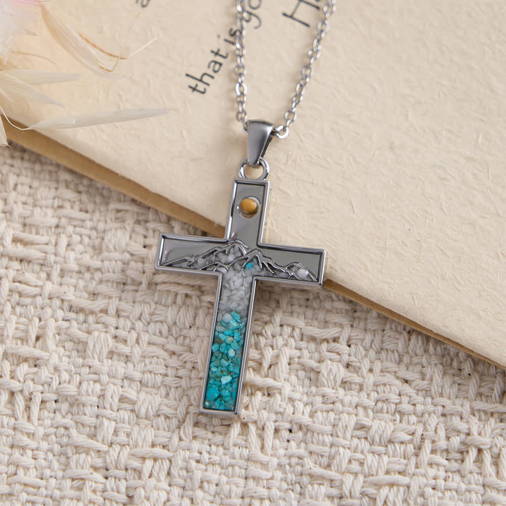 Mustard Seed Crescent Moon & Cross Necklace: Turquoise Inlay & Silver-Tone Design
