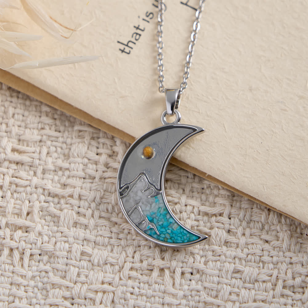 Mustard Seed Crescent Moon & Cross Necklace: Turquoise Inlay & Silver-Tone Design