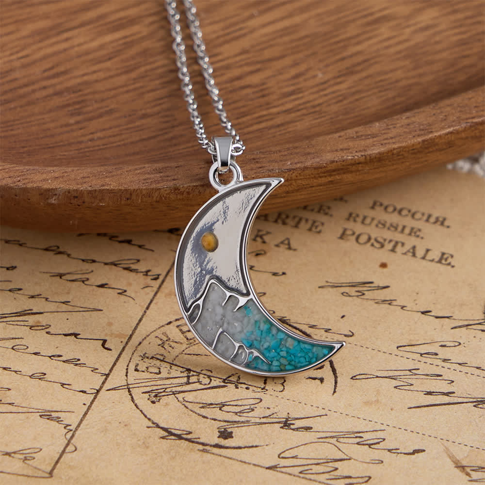 Mustard Seed Crescent Moon & Cross Necklace: Turquoise Inlay & Silver-Tone Design